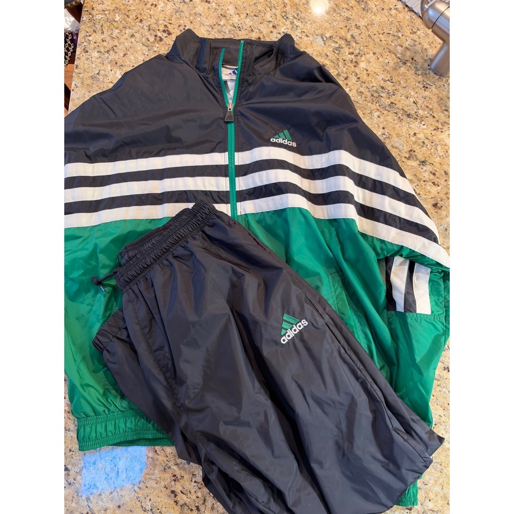Adidas Vintage Tracksuit Set Mens XL Green Black White Full Zip Jacket Pants